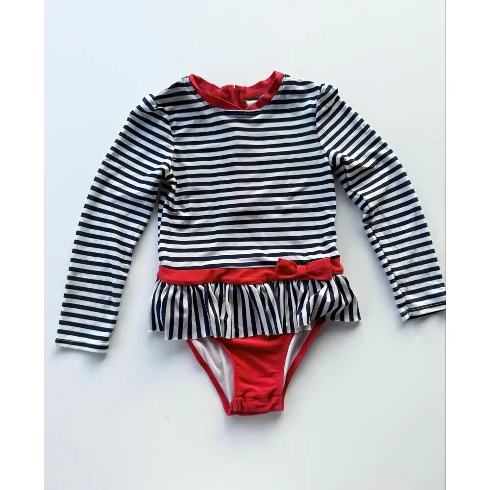 Nautical red black white striped bathing suit 5T snap crotch